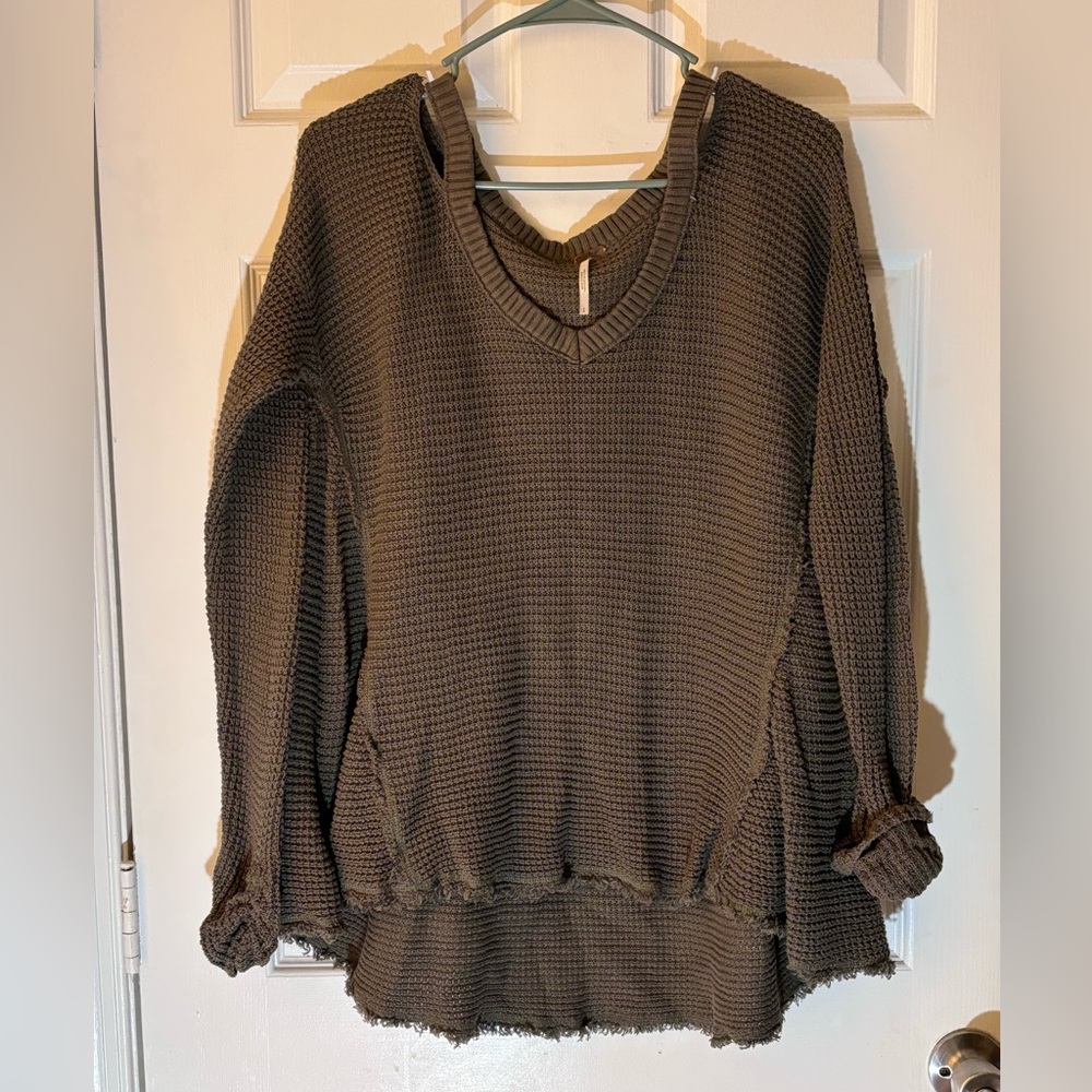 Women’s Free People Olive Green Moonshine Sweater Waffle Knit Cold Shoulder L